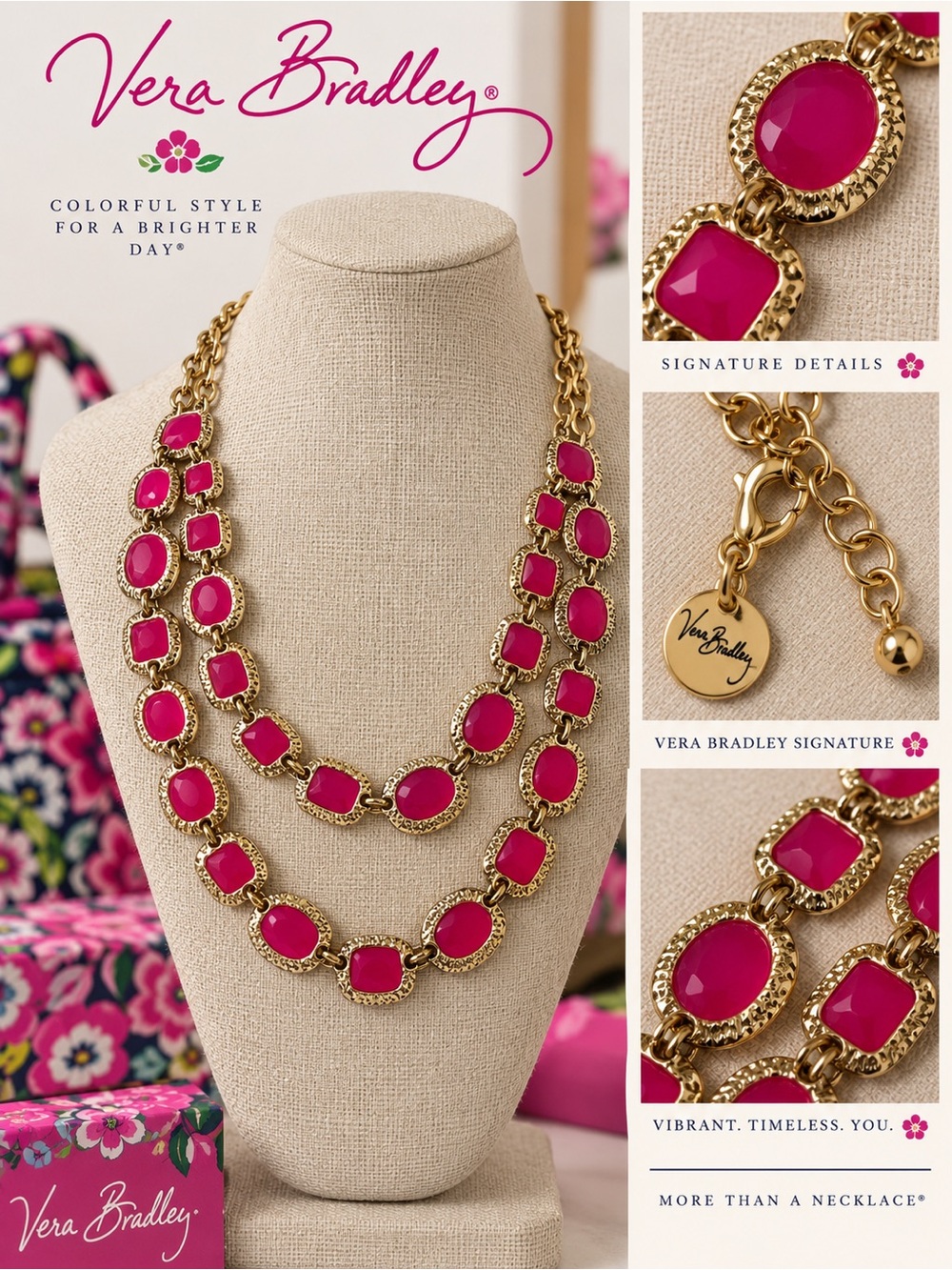Vera Bradley Hot Pink and Gold Double-Layer Statement Necklace